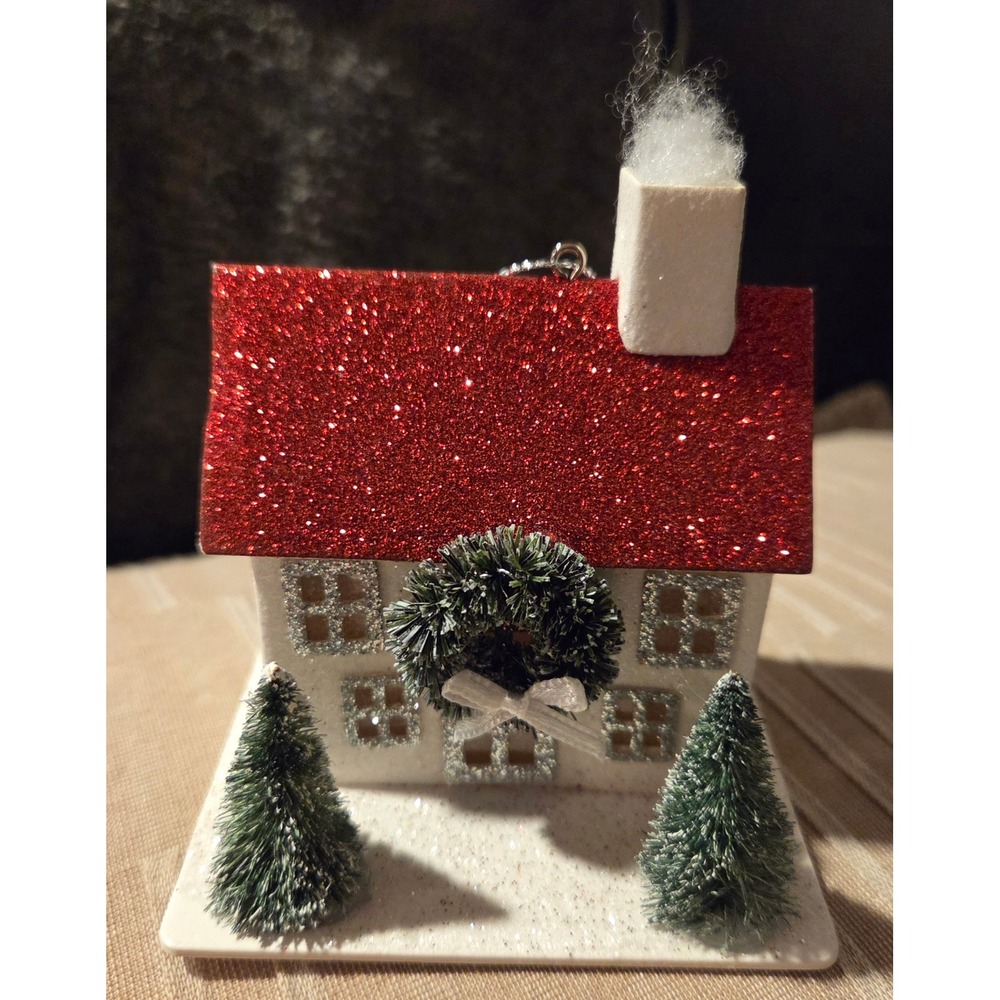 Wondershop Target Christmas House Ornament Red Glitter‎ Roof Bottle Brush Trees